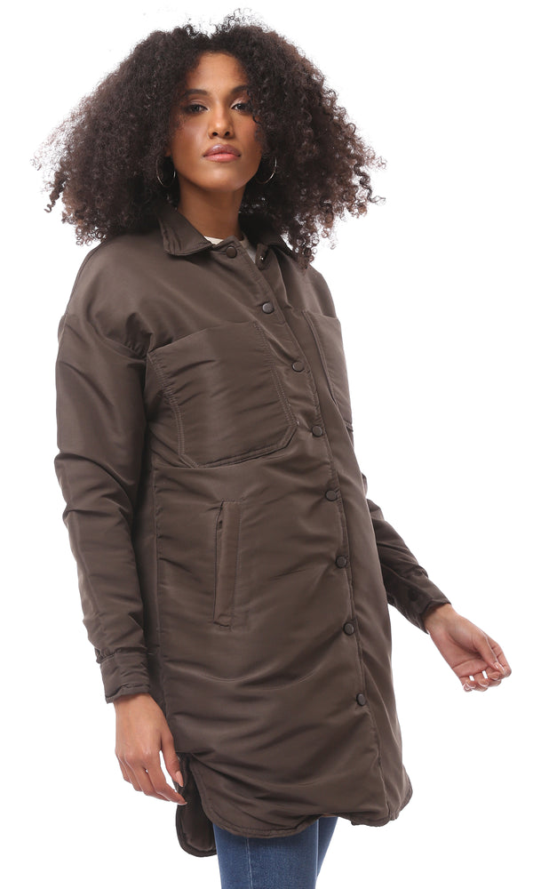 O171920 Solid Dark Brown Bomber Coat With Patched Pockets