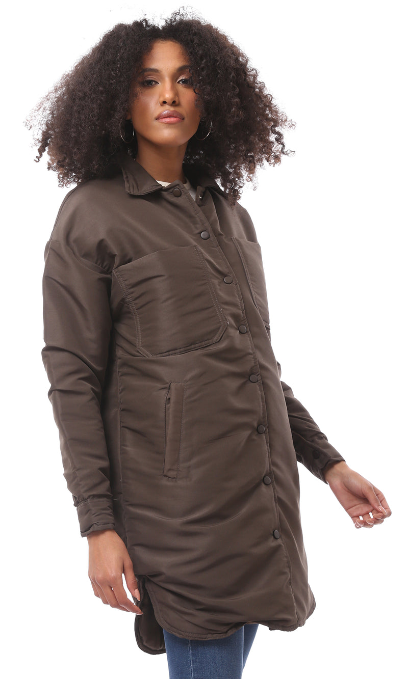 O171920 Solid Dark Brown Bomber Coat With Patched Pockets