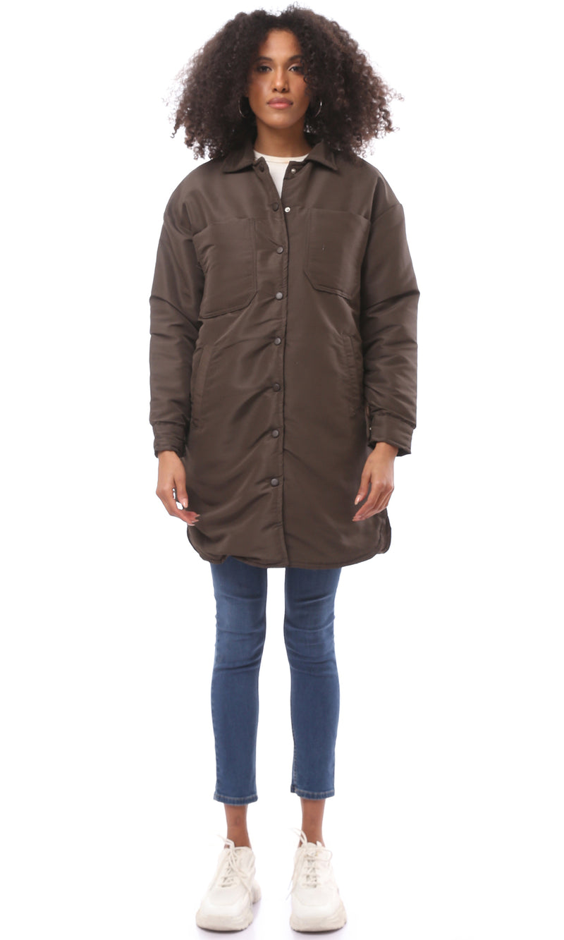 O171920 Solid Dark Brown Bomber Coat With Patched Pockets