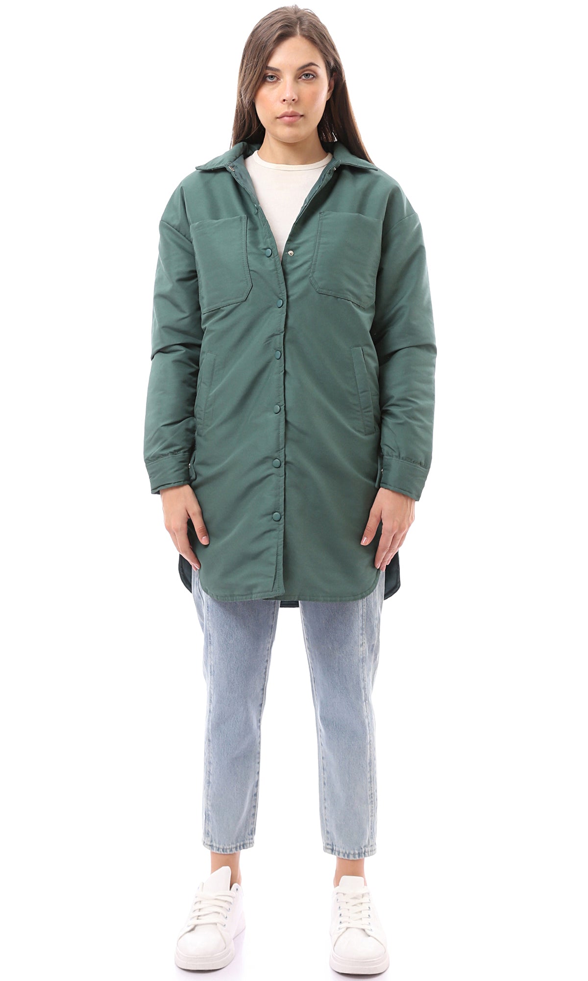 O171921 Turn Down Collar Dark Jade Green Solid Long Jacket