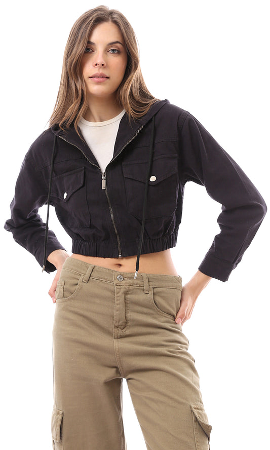 O172027 Black Zipped Cropped Jacket With Front Pockets