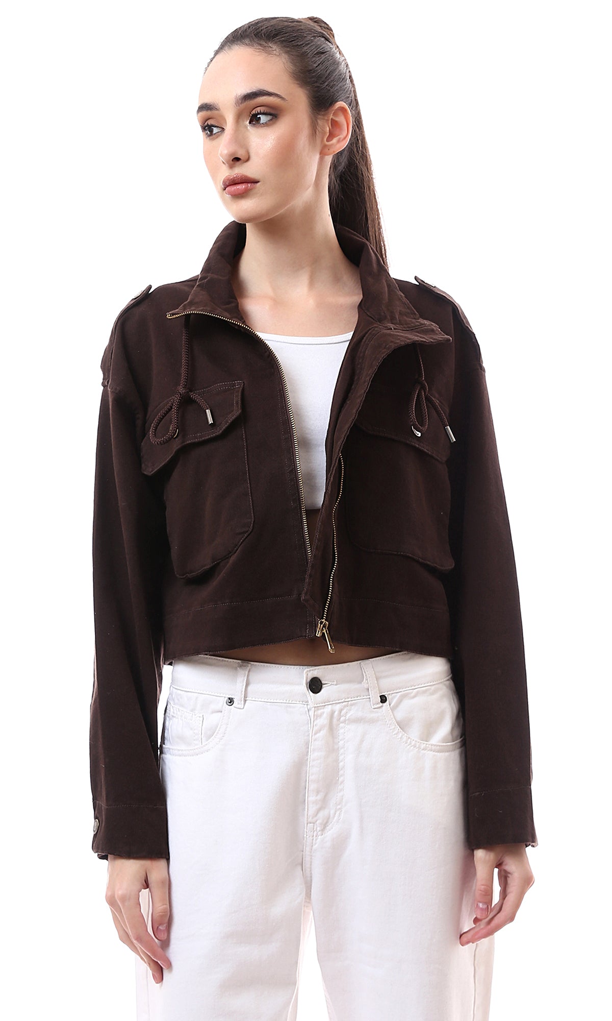 O172031 Dark Brown Short Jacket With Front Pockets