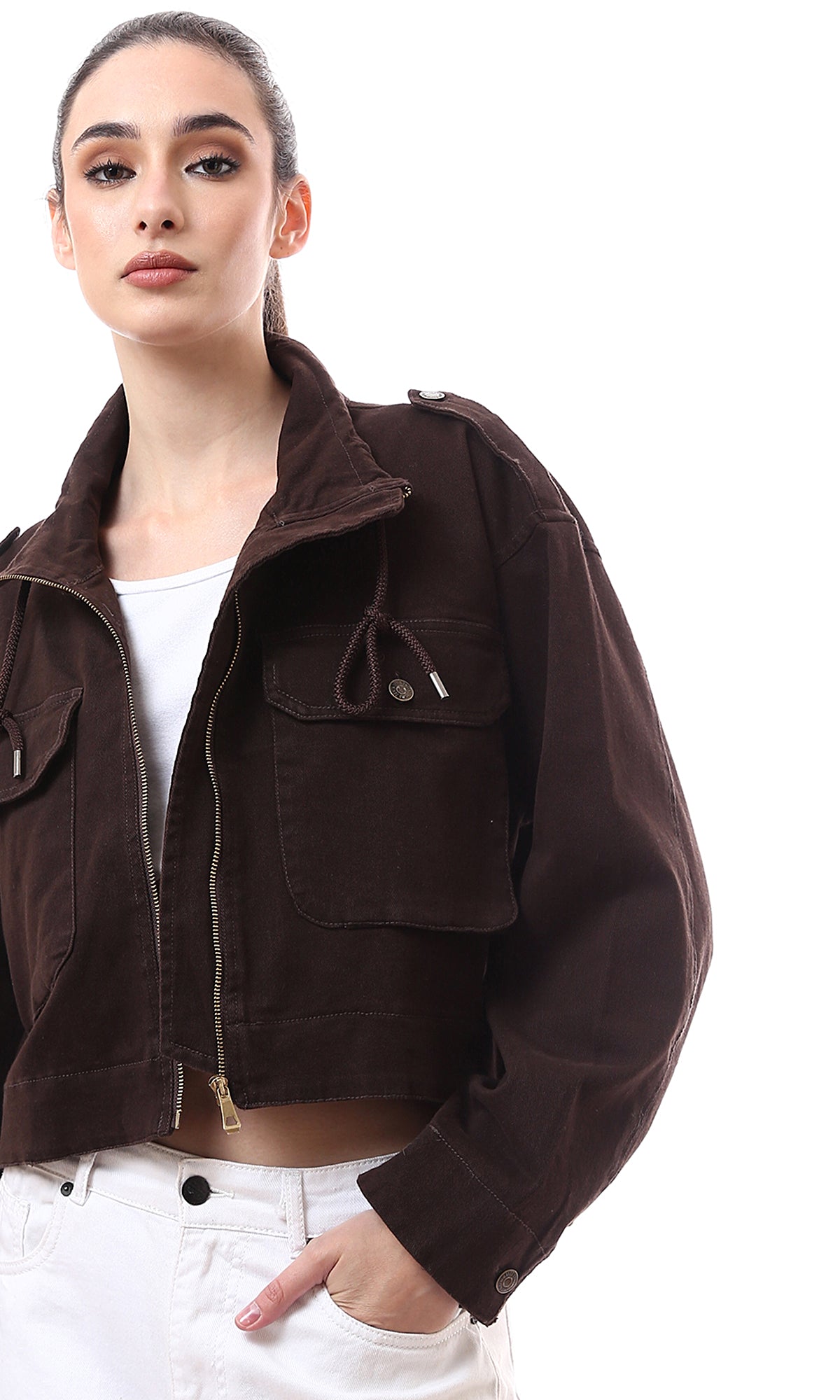 O172031 Dark Brown Short Jacket With Front Pockets