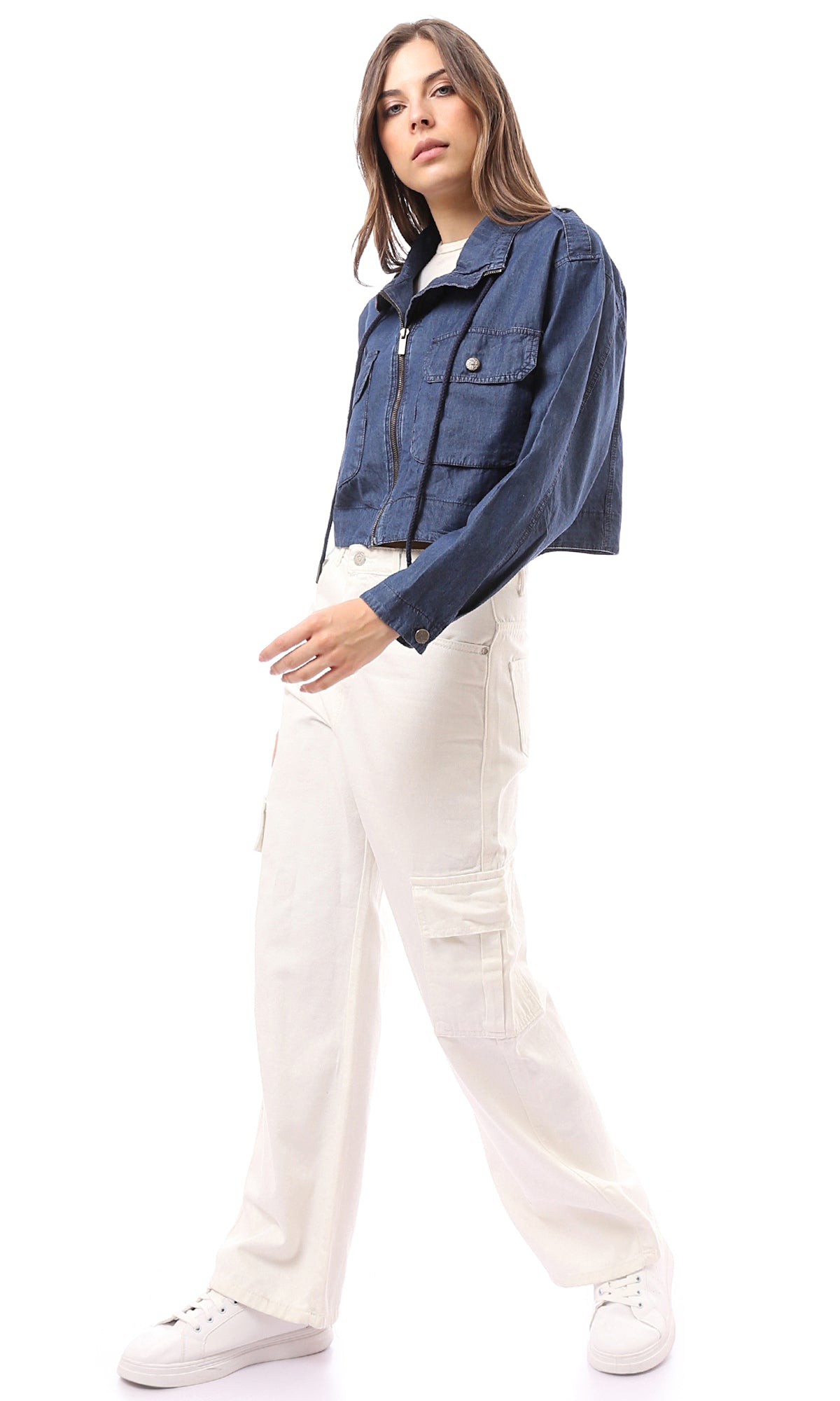 O172034 Front Zipper Long Sleeves Medium Blue Denim Jacket