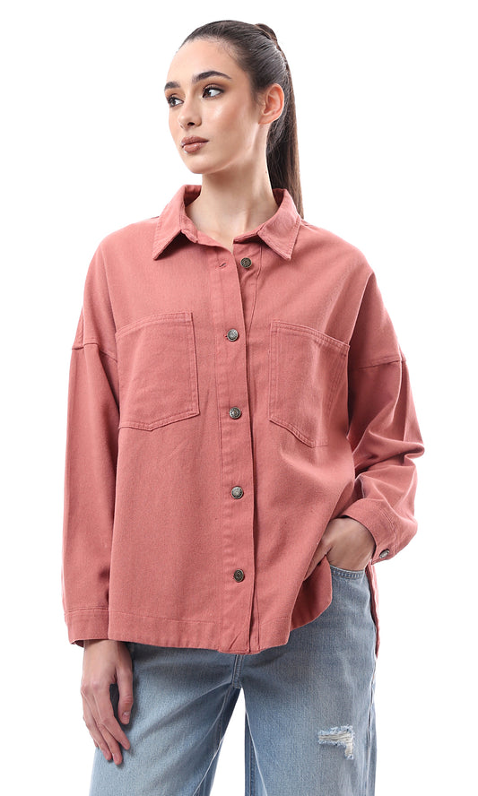O172038 Coral Pink Gabardine Shirt With Side Slits
