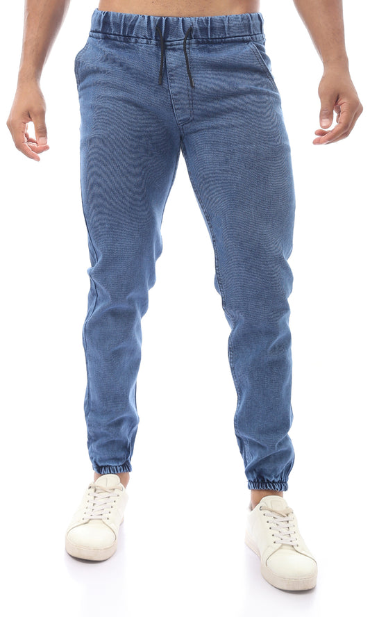 O172050 Polyester Jeans Blue Slip On Trousers With Hem
