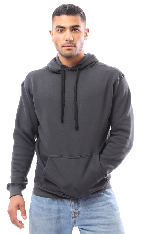 O172343 Dark Grey Solid Hoodie With Front Kangaroo Pockets