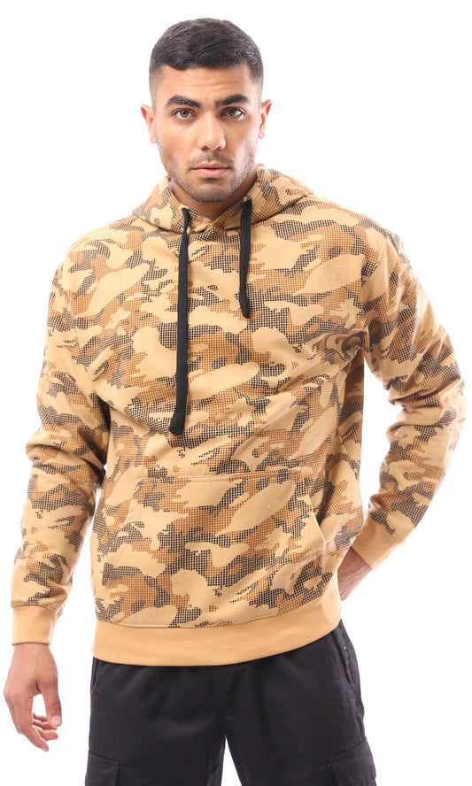 O172350 Hooded Neck With Drawstring Camouflage Hoodie - Camel