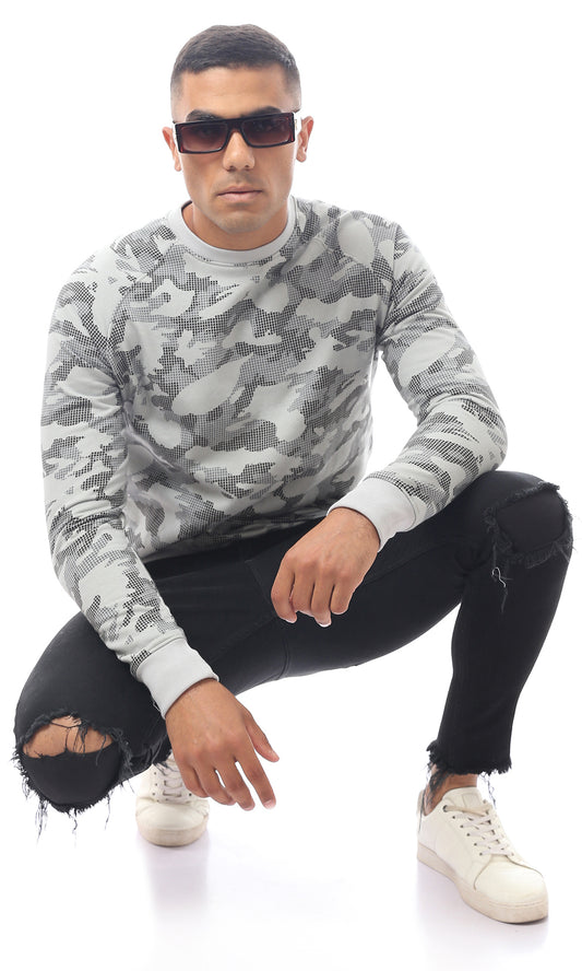 O172356 Grey Patterned Slip On Cotton Sweat Shirt