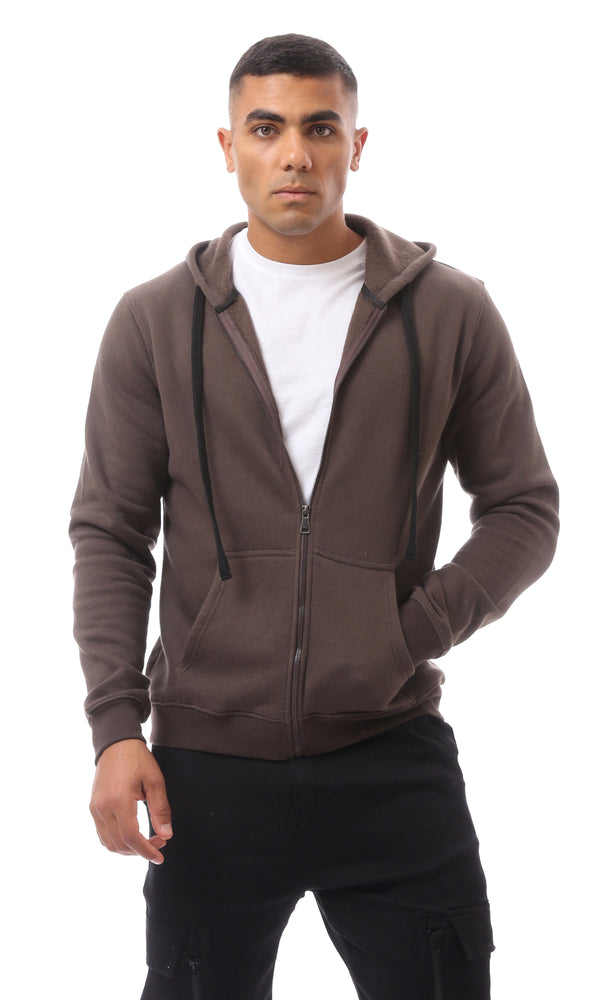 O172372 Brown Fly Zipper Solid Sweat Shirt