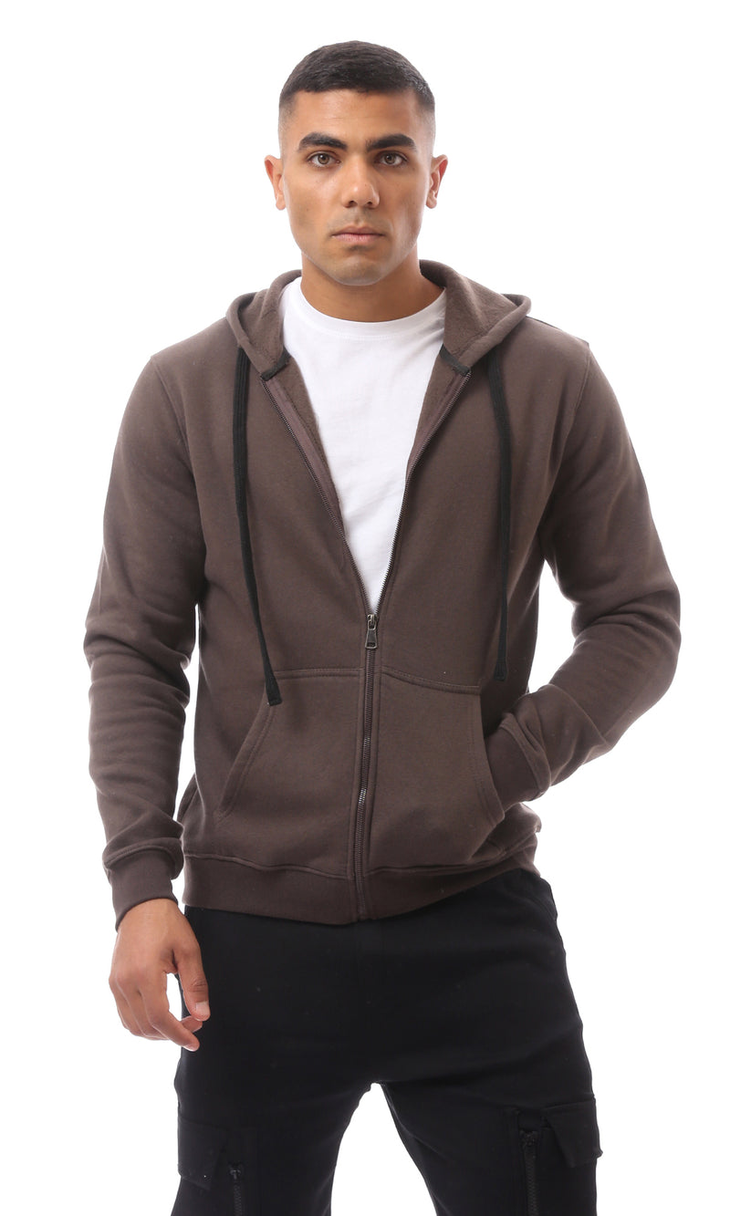 O172372 Brown Fly Zipper Solid Sweat Shirt