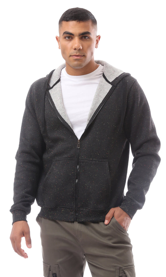 O172375 Patterned Black Fly Zipper Sweatshirt