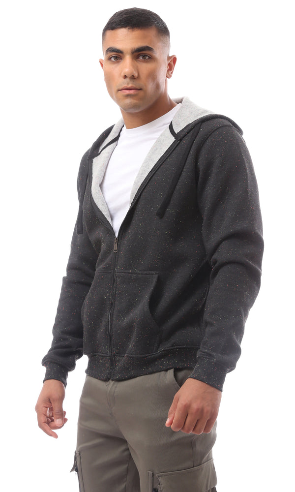 O172375 Patterned Black Fly Zipper Sweatshirt