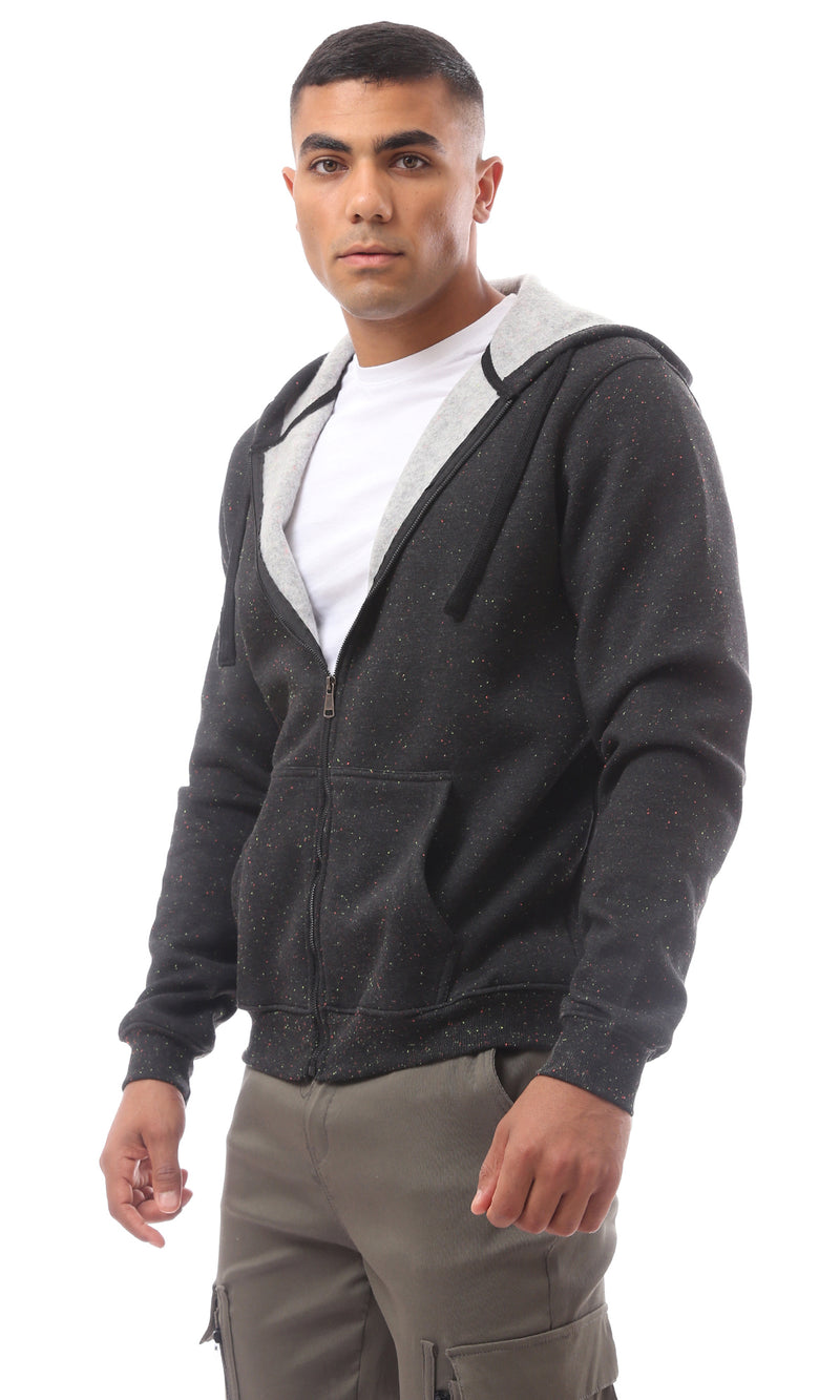 O172375 Patterned Black Fly Zipper Sweatshirt