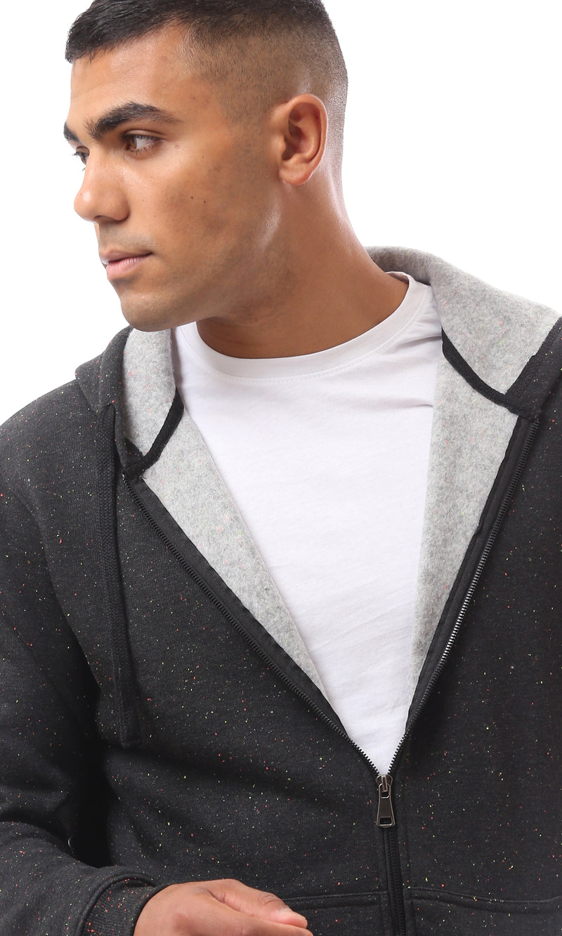 O172375 Patterned Black Fly Zipper Sweatshirt