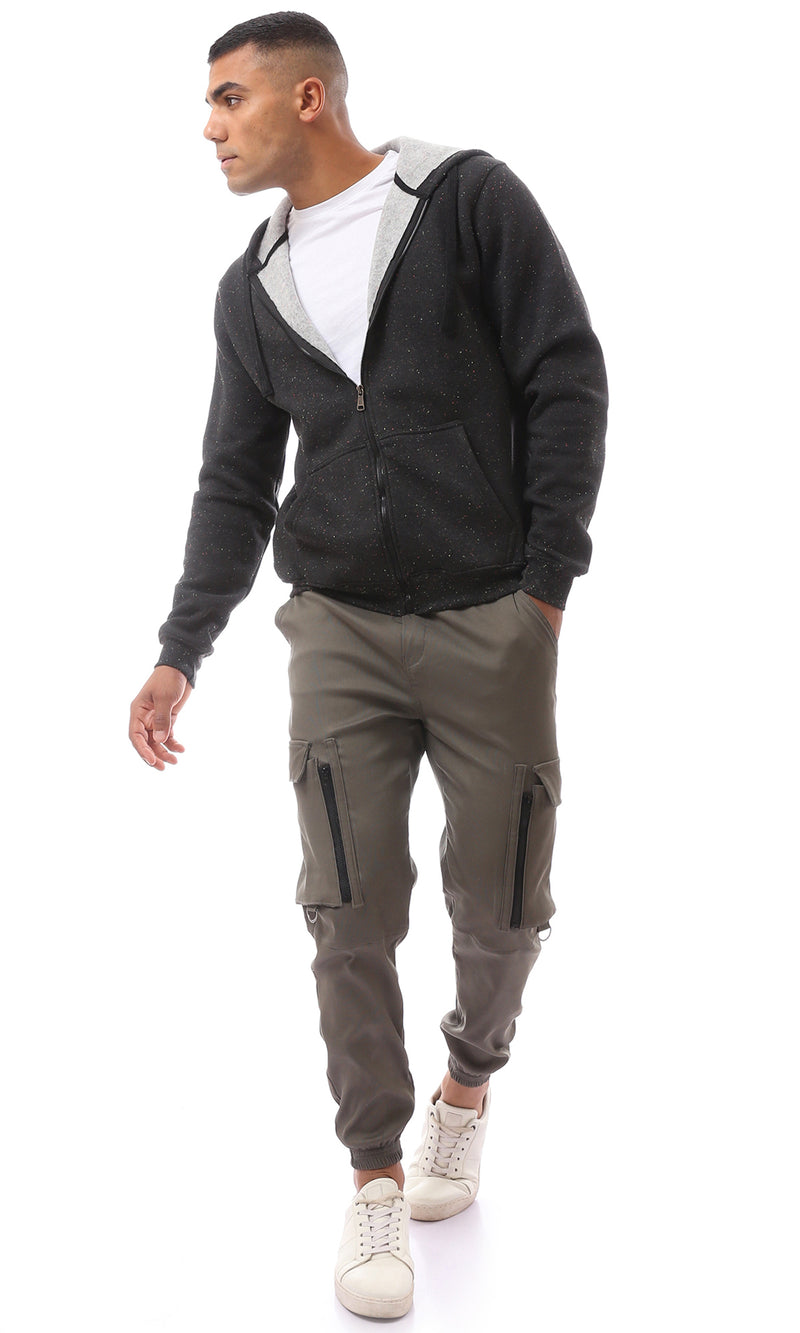 O172375 Patterned Black Fly Zipper Sweatshirt