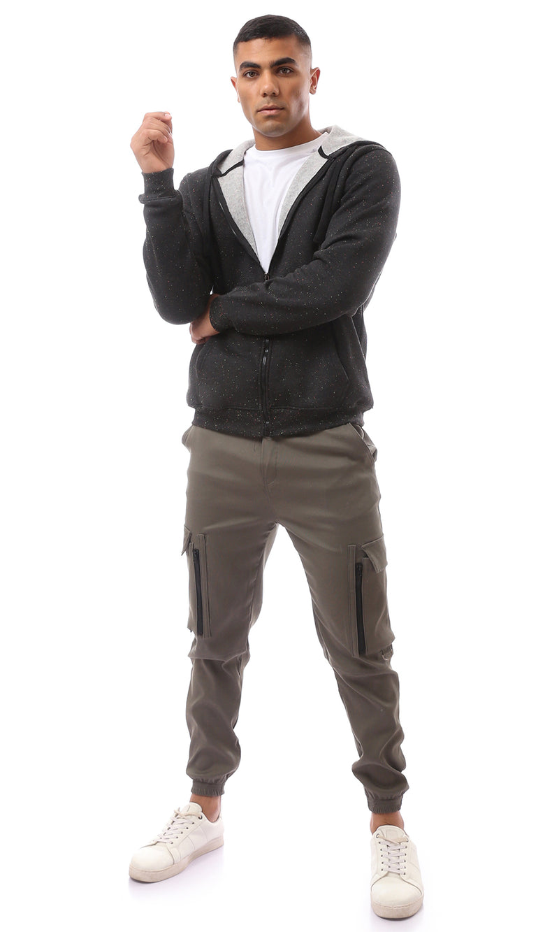 O172375 Patterned Black Fly Zipper Sweatshirt