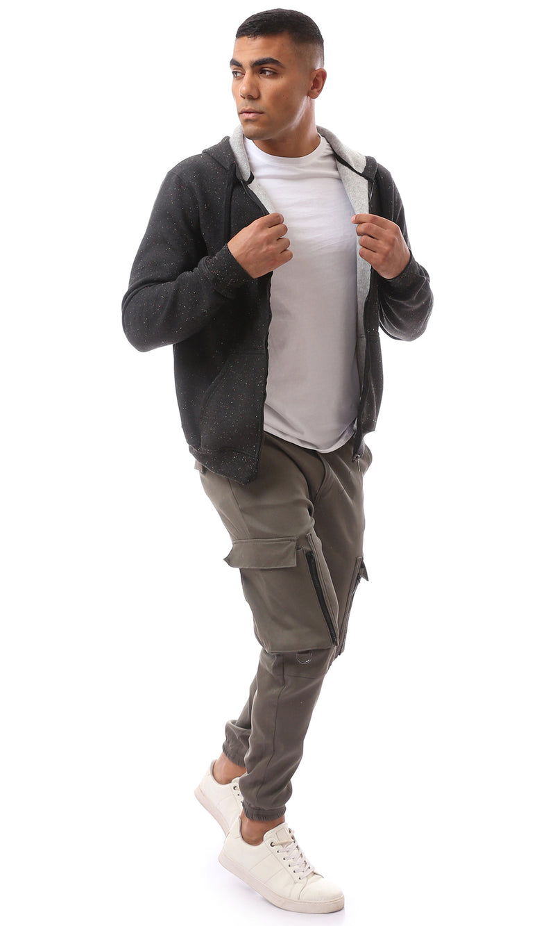 O172375 Patterned Black Fly Zipper Sweatshirt