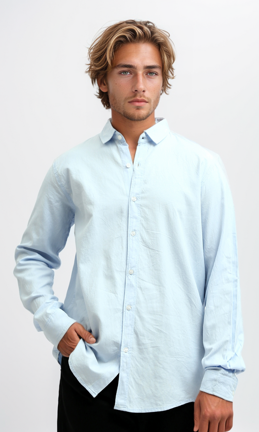 O172428 Casual Roll-Up Long Sleeves Solid Shirt - Sky Blue