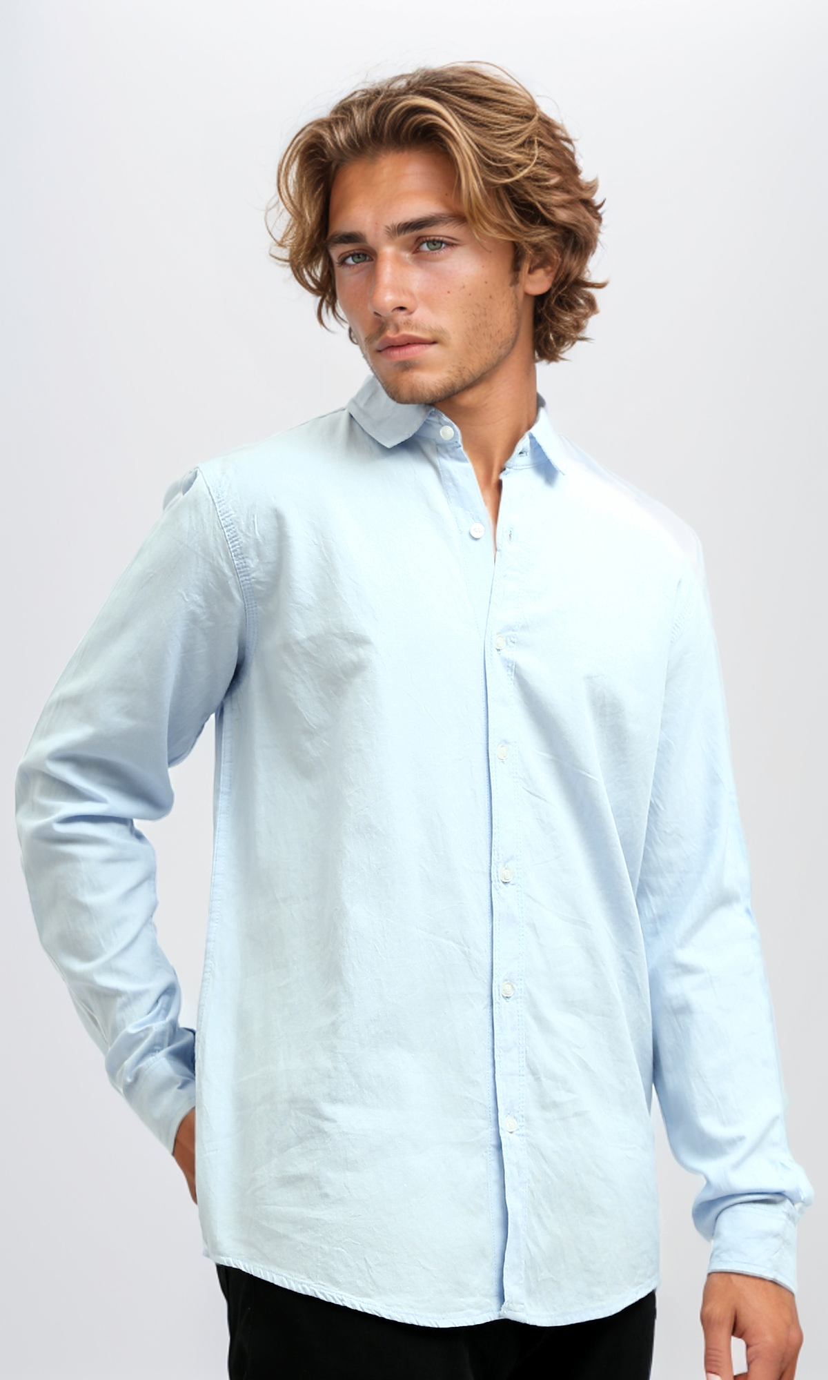 O172428 Casual Roll-Up Long Sleeves Solid Shirt - Sky Blue