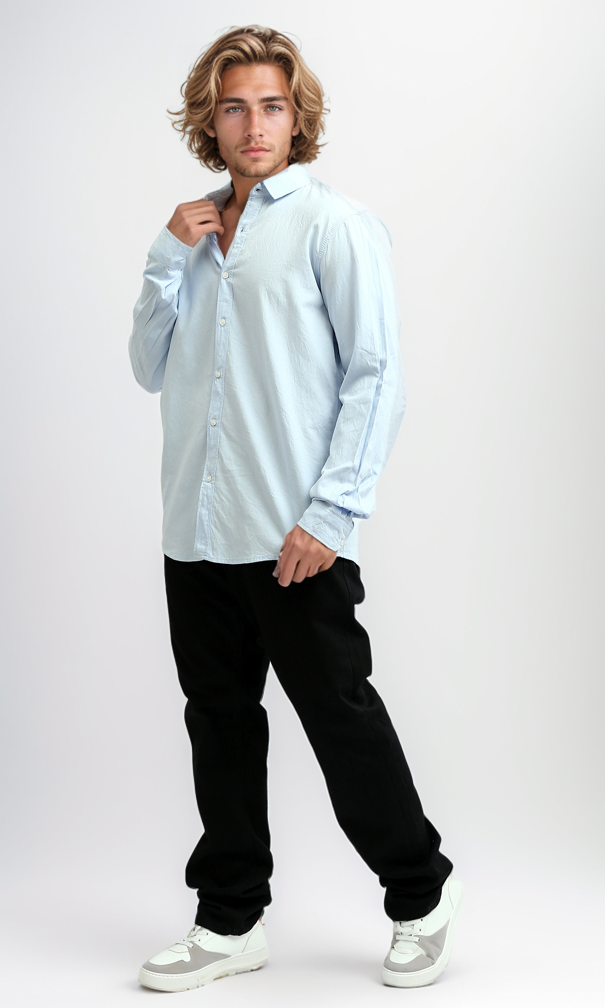 O172428 Casual Roll-Up Long Sleeves Solid Shirt - Sky Blue