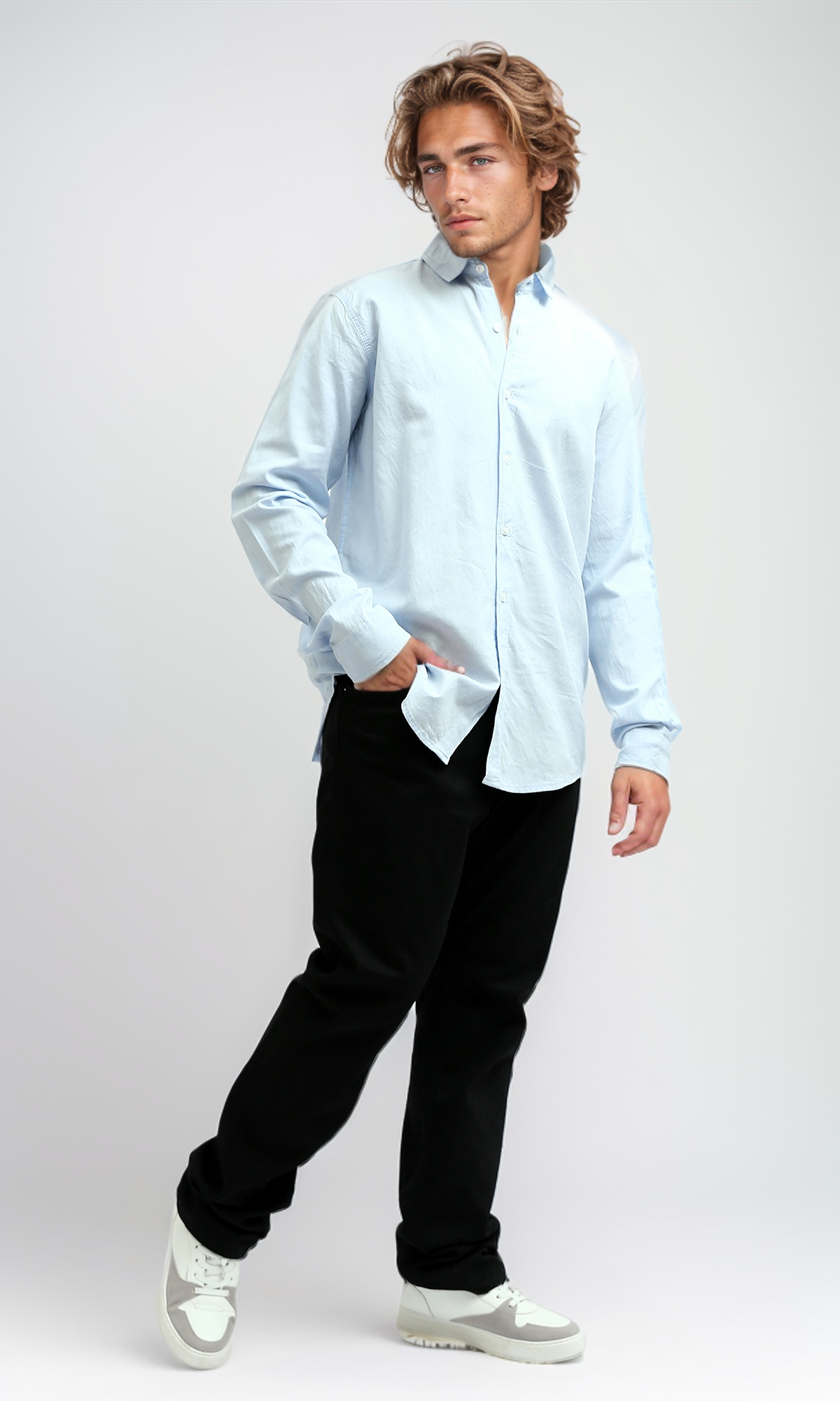 O172428 Casual Roll-Up Long Sleeves Solid Shirt - Sky Blue