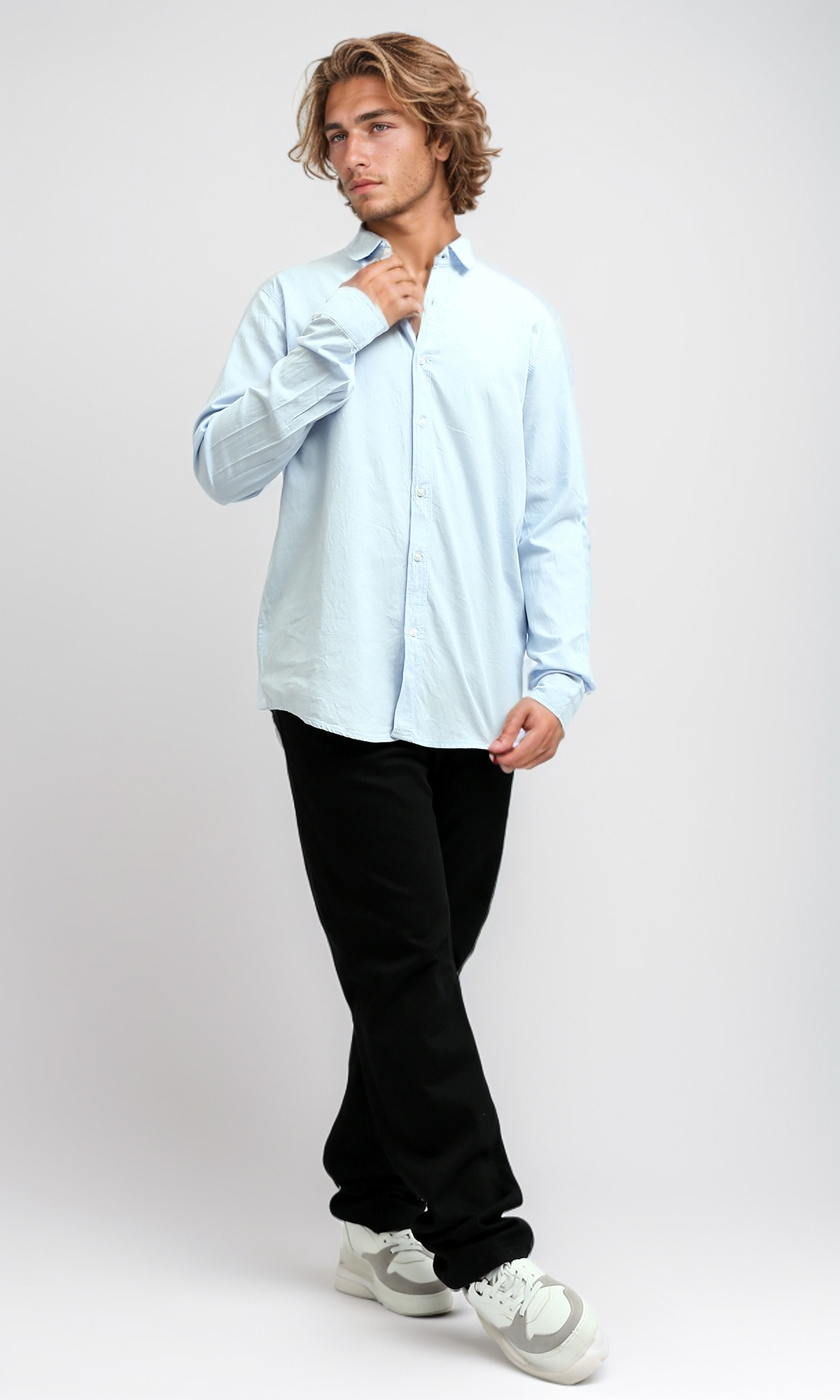 O172428 Casual Roll-Up Long Sleeves Solid Shirt - Sky Blue