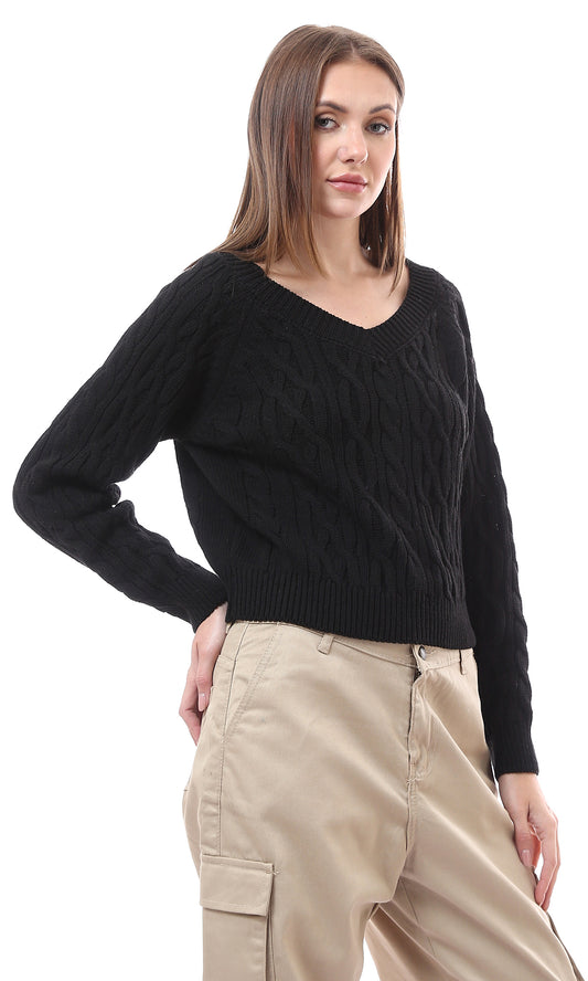 O172549 Black Slip On Braided Knit Short Pullover