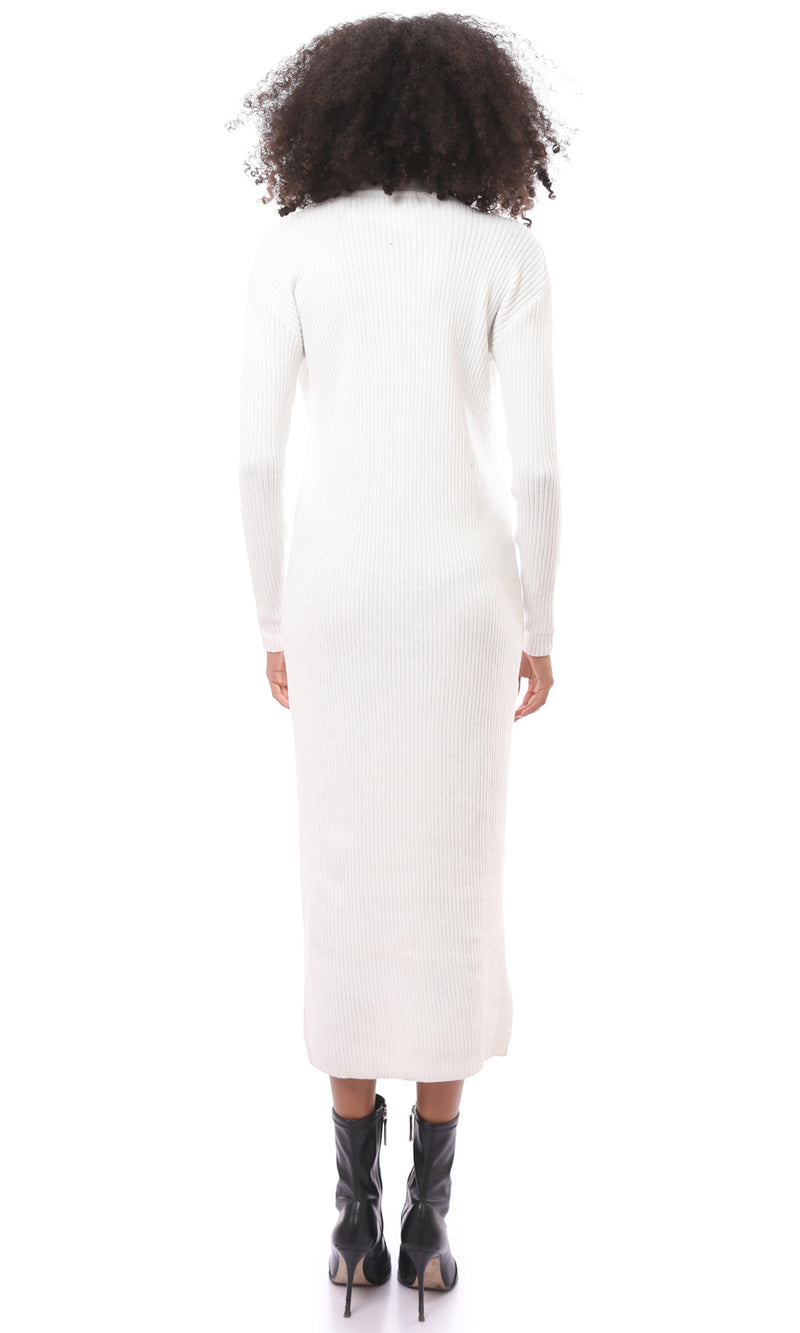 O172552 Mock Neck White Slip On Midi-Dress