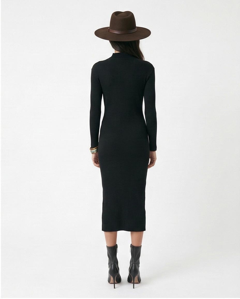 Black High-Neck Ribbed Bodycon Midi Dress - O172553