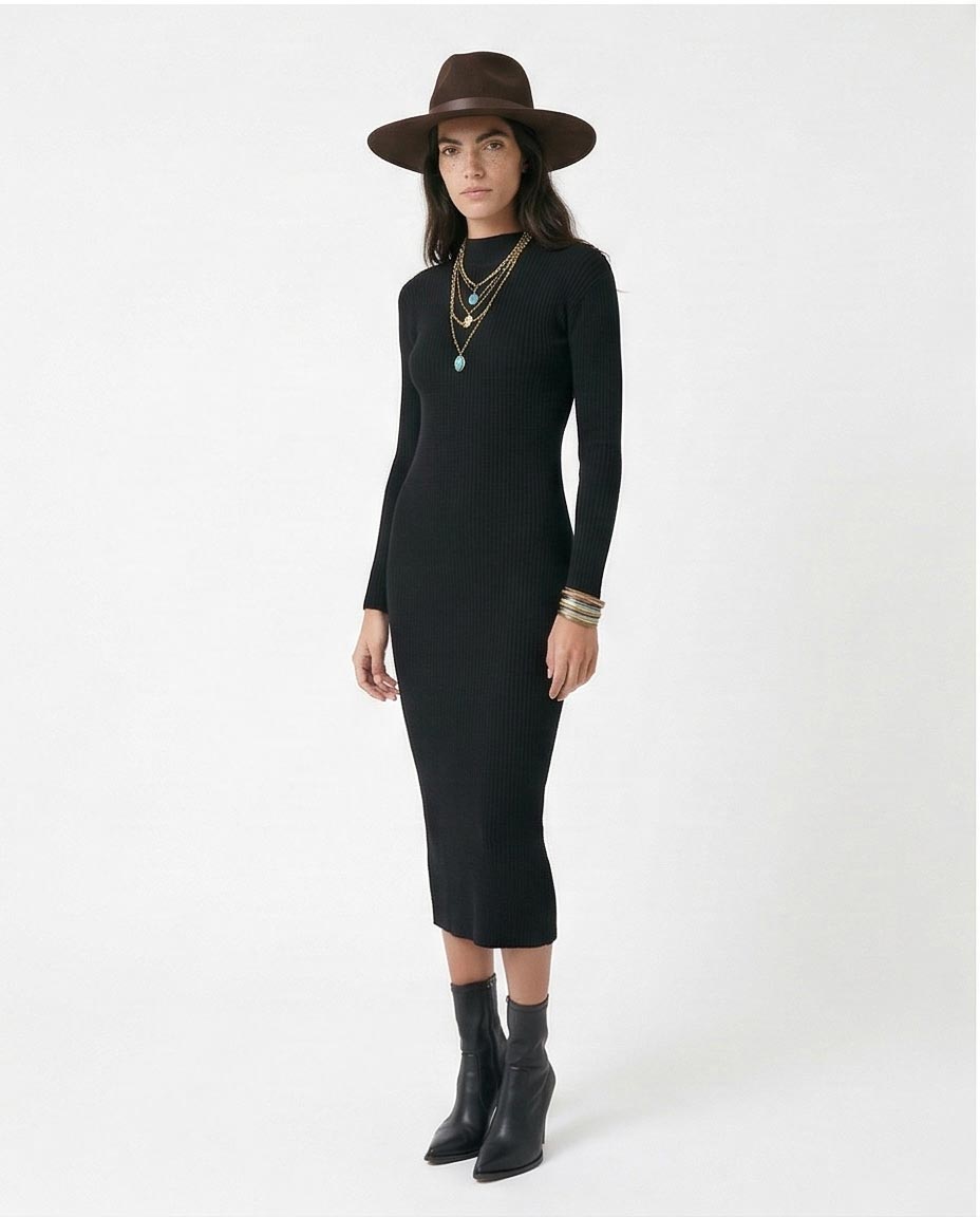 Black High-Neck Ribbed Bodycon Midi Dress - O172553