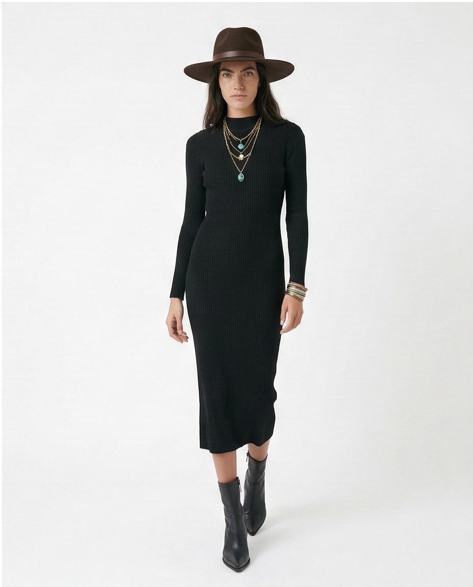 Black High-Neck Ribbed Bodycon Midi Dress - O172553
