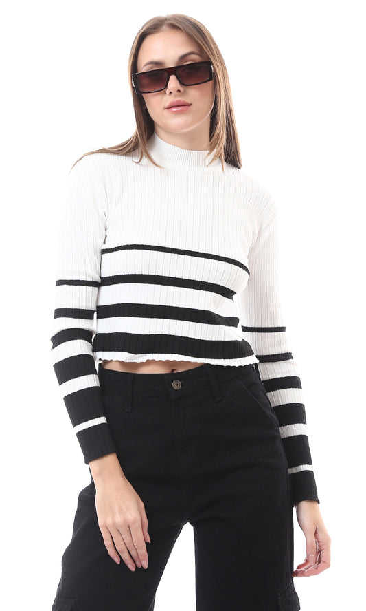 O172555 Mock Neck Striped White & Black Pullover