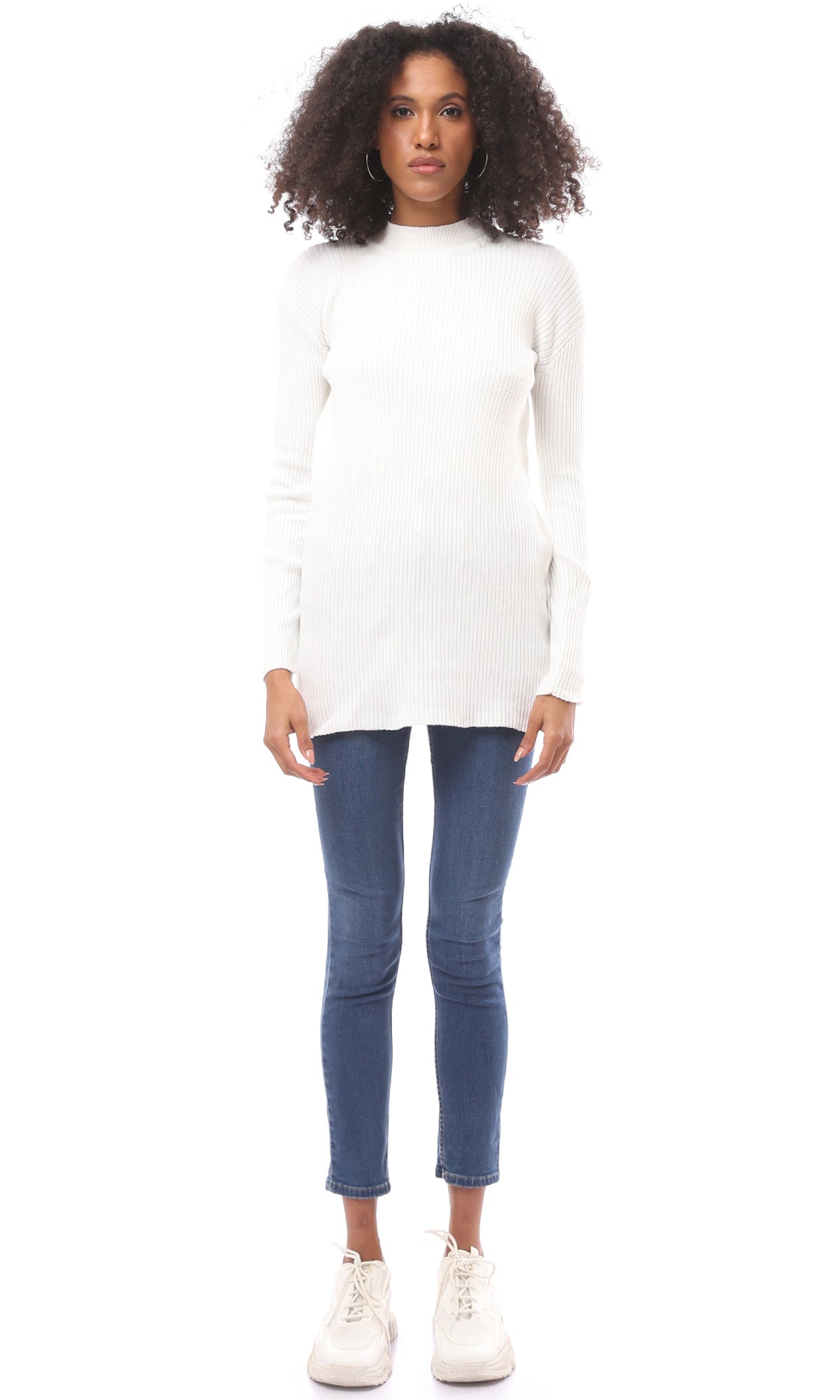 O172559 Regular Fit White Long Ribbed Pullover