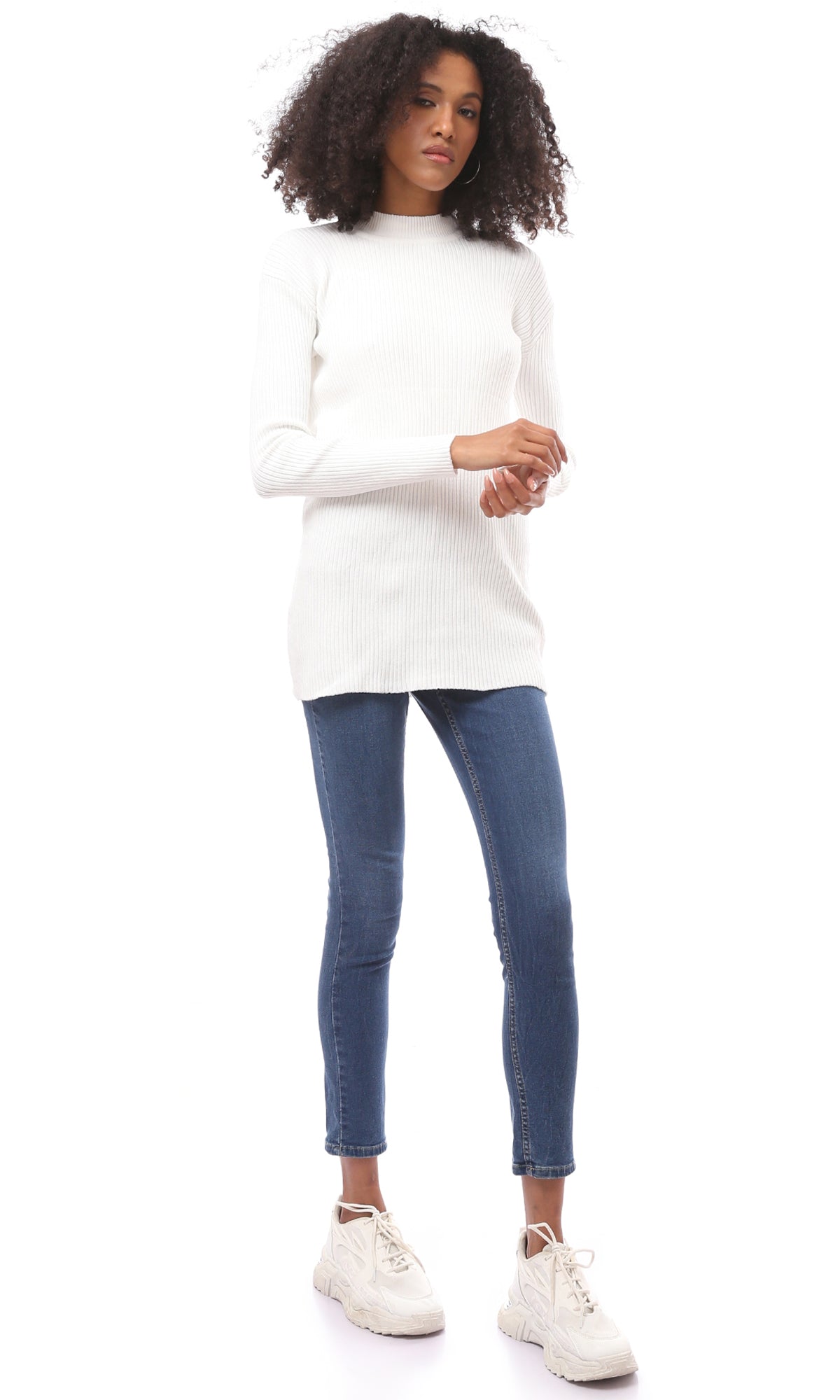 O172559 Regular Fit White Long Ribbed Pullover