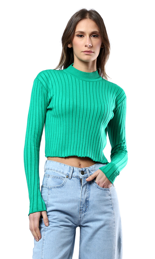 O172563 Green Ribbed Long Sleeves Short Pullover