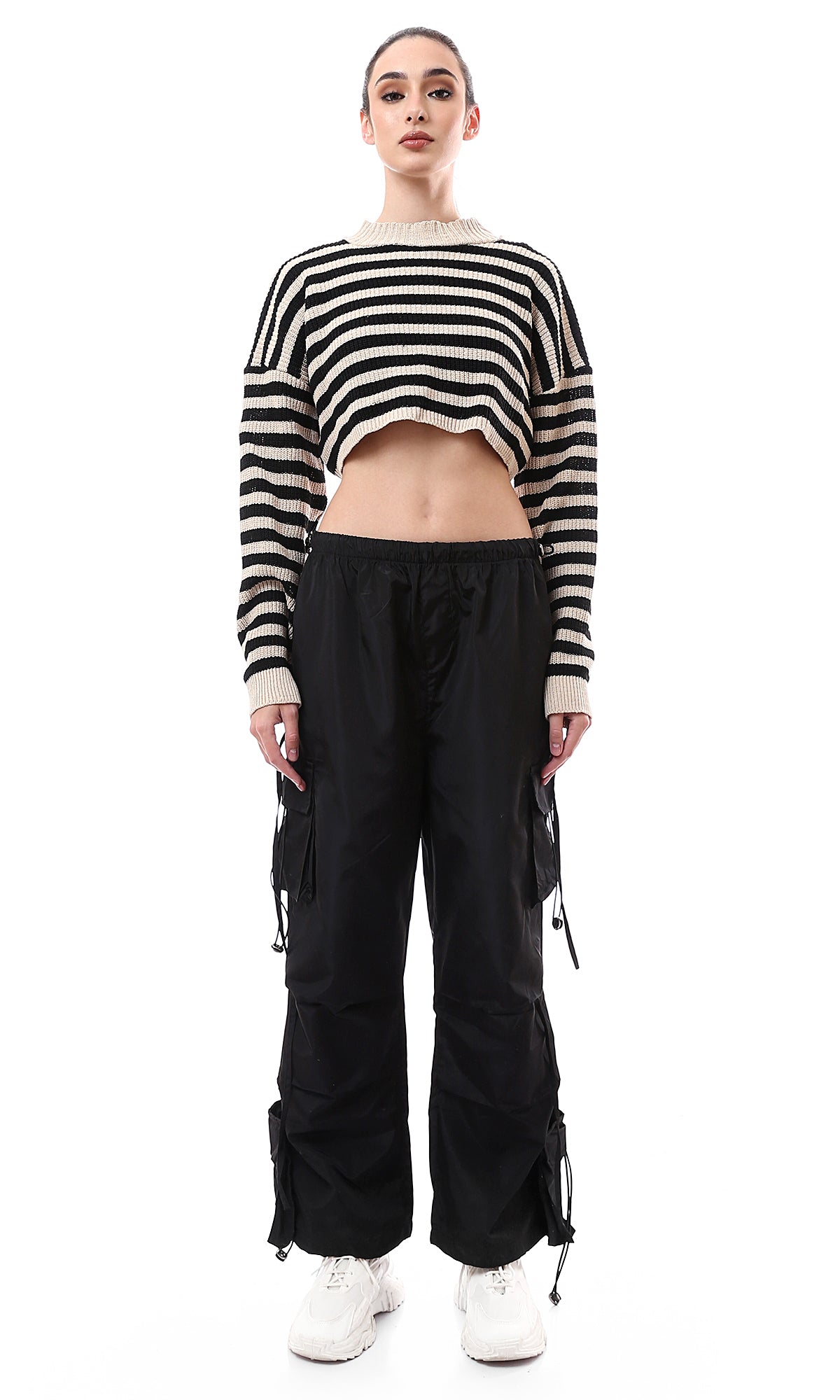 O172580 Beige & Black Stripes Knitted Cropped Pullover