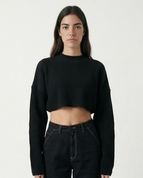 Ravin Women's Boxy Cropped Ribbed Knit Sweater – Black - O172584