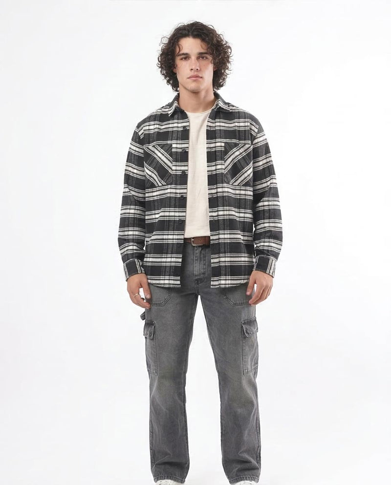 Ravin Relaxed-Fit Textured Plaid Flannel Shirt – Black & White - O172688