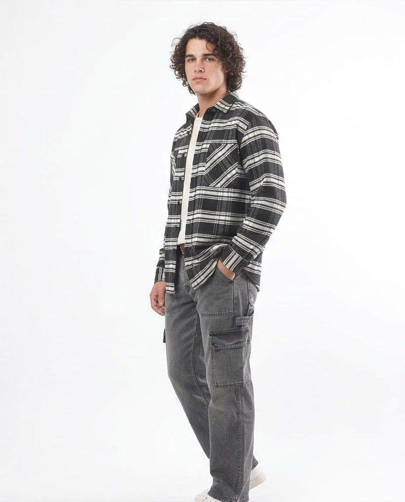 Ravin Relaxed-Fit Textured Plaid Flannel Shirt – Black & White - O172688