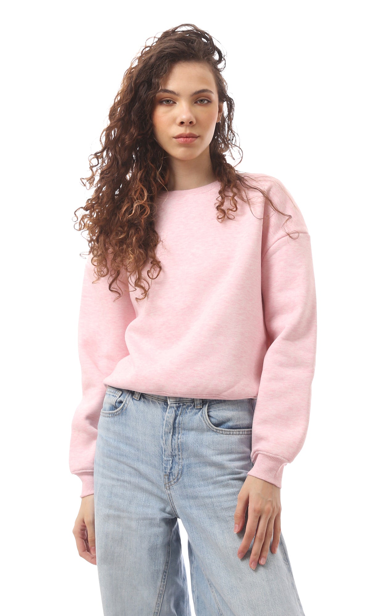 O172713 Heather Light Pink Slip On Round Neck Sweatshirt