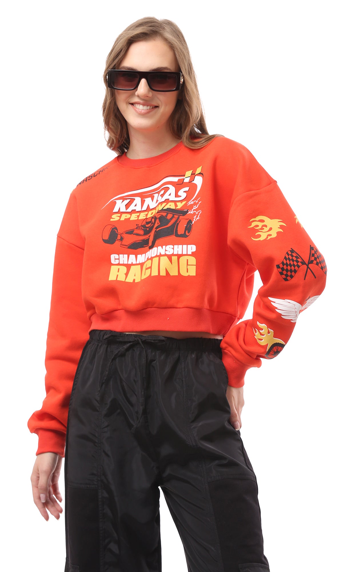 Vibrant Orange Kansas Speedway Graphic Cropped Sweatshirt - O172716