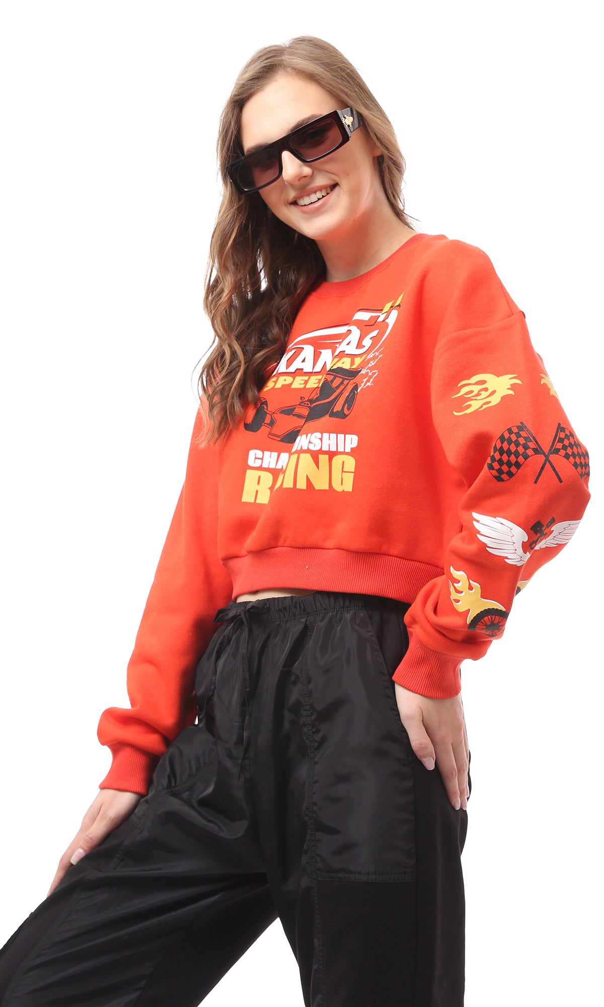 Vibrant Orange Kansas Speedway Graphic Cropped Sweatshirt - O172716