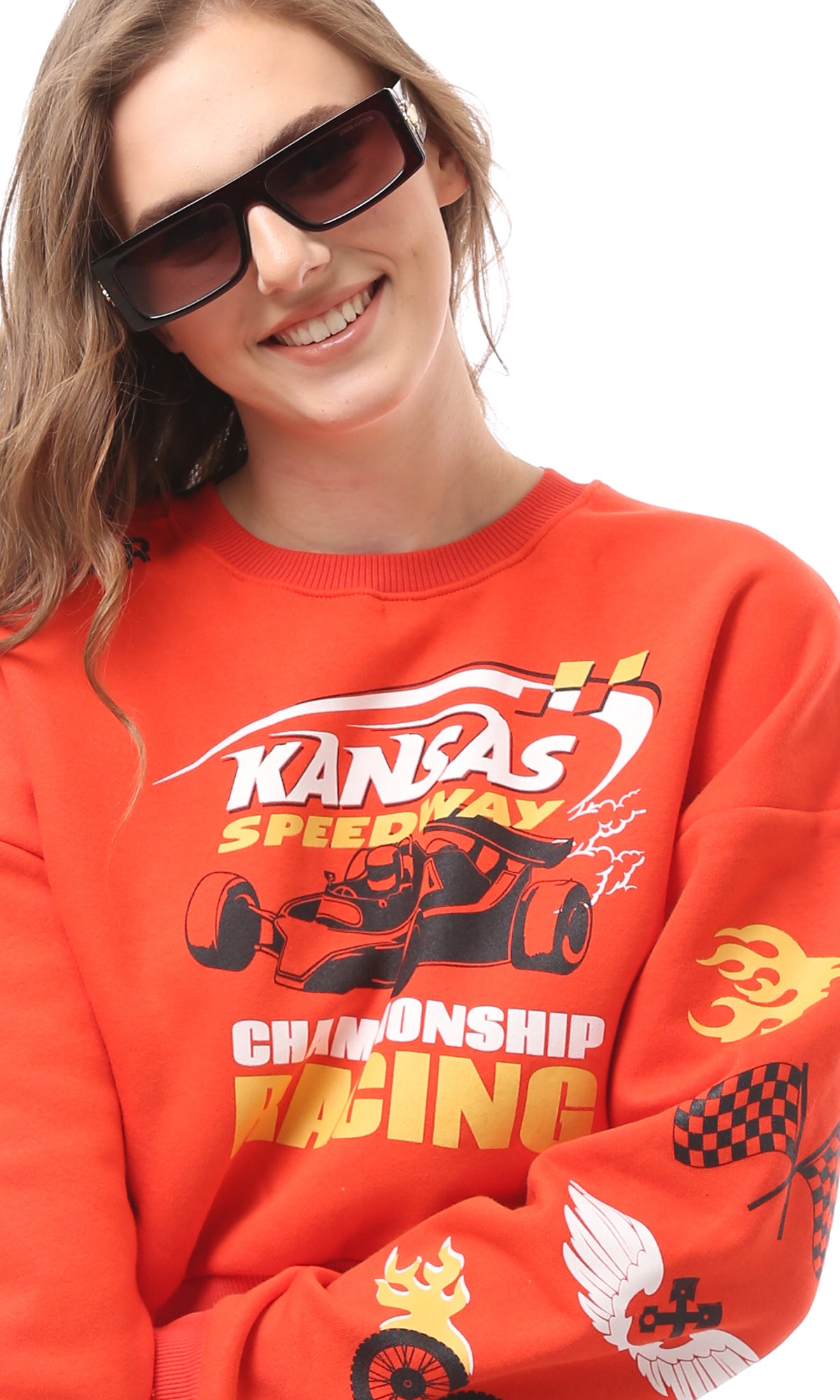 Vibrant Orange Kansas Speedway Graphic Cropped Sweatshirt - O172716