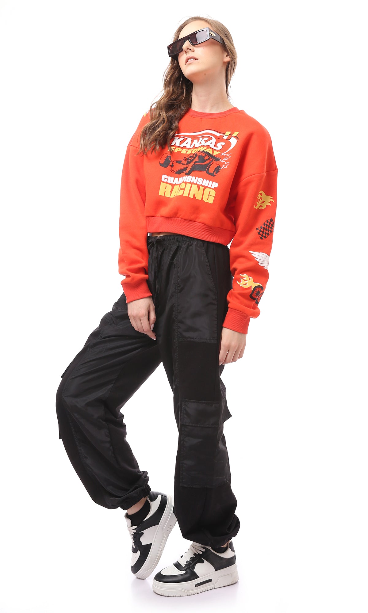Vibrant Orange Kansas Speedway Graphic Cropped Sweatshirt - O172716