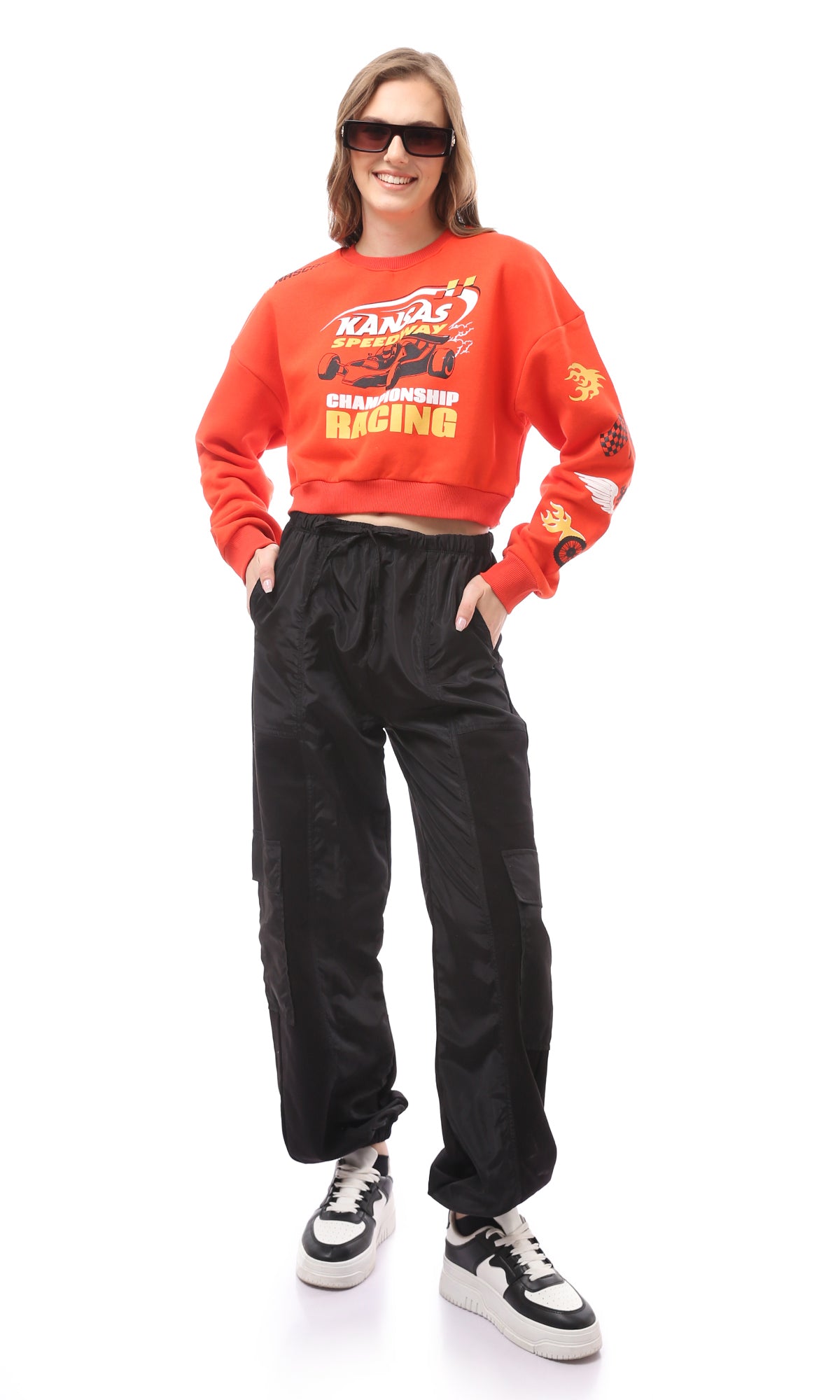 Vibrant Orange Kansas Speedway Graphic Cropped Sweatshirt - O172716