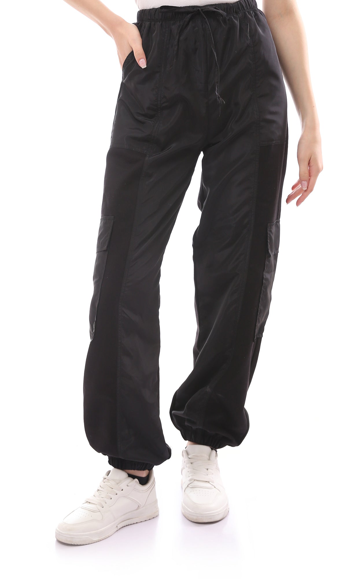 O172866 Black Elastic Waist With Drawstring Cargo Pants