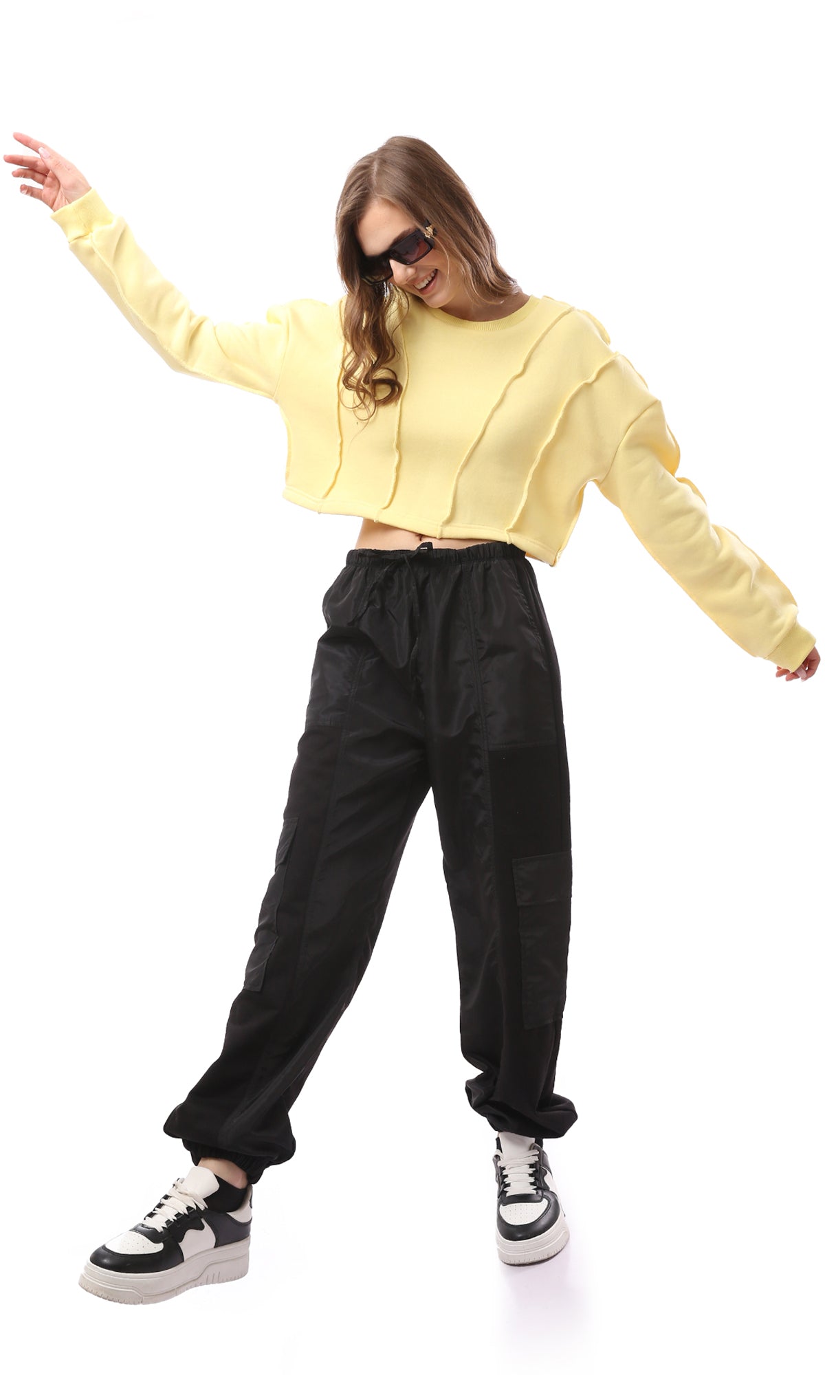 O172866 Black Elastic Waist With Drawstring Cargo Pants