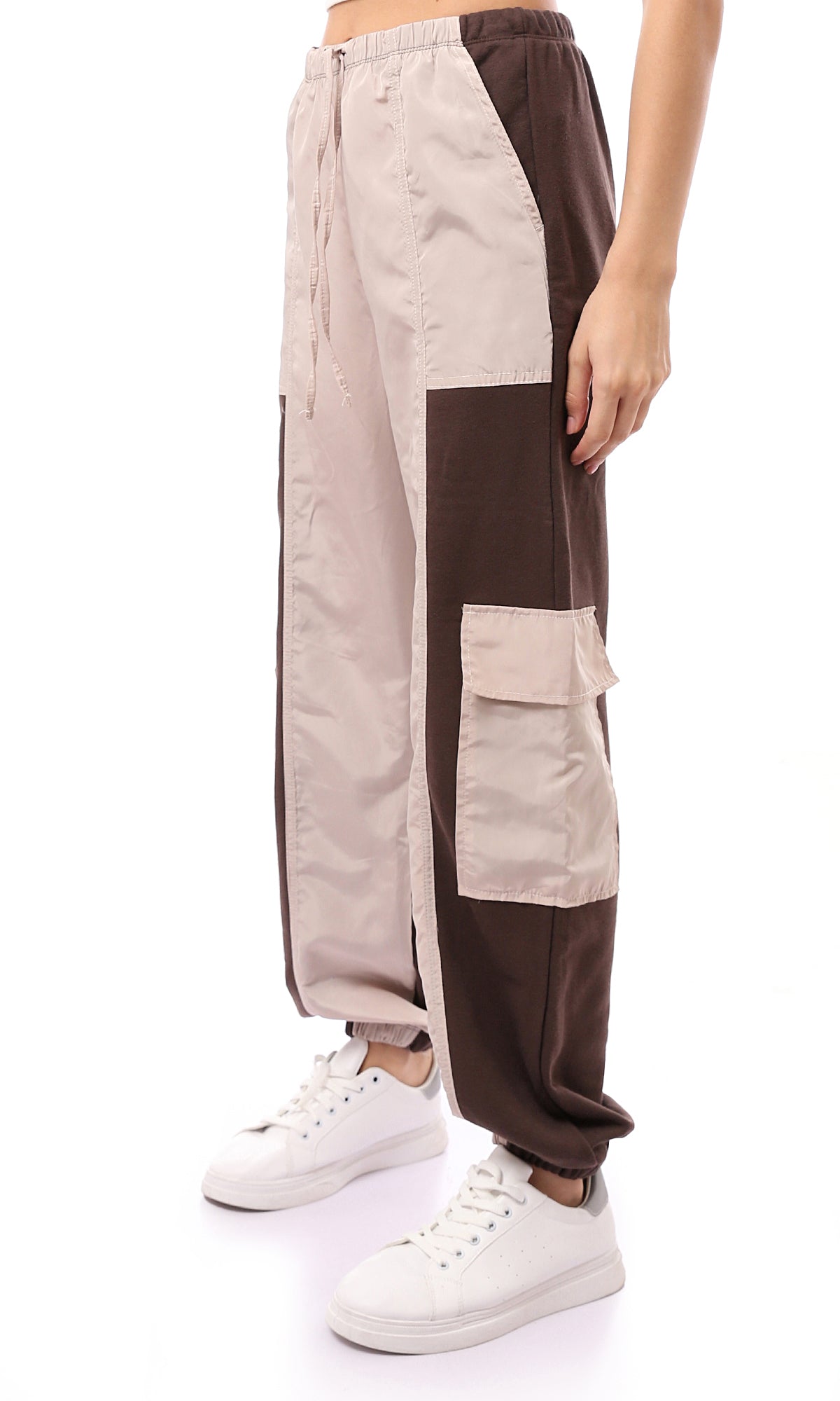 O172868 Bi-Tone Beige & Brown Slip On Cargo Pants