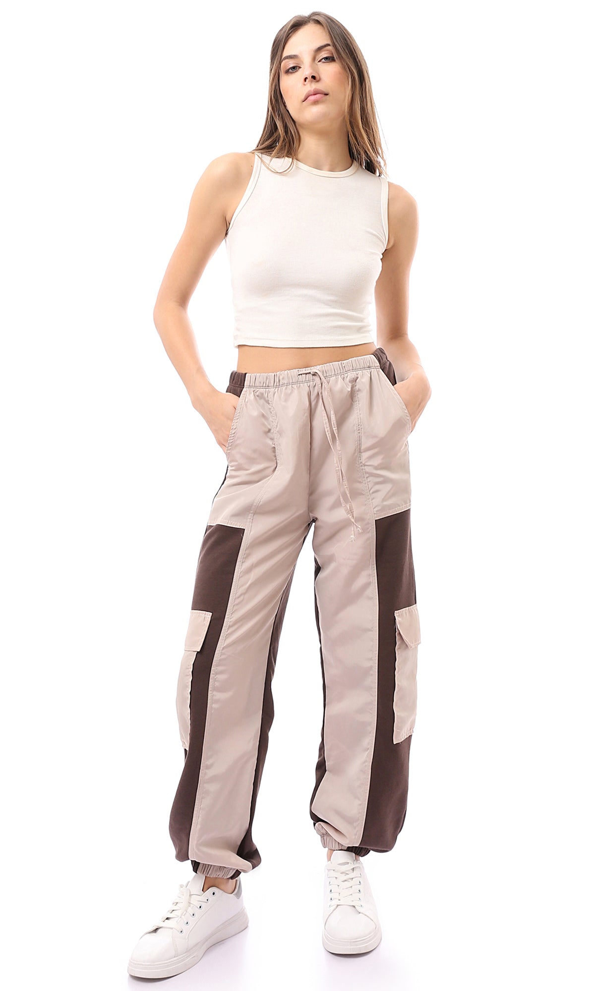 O172868 Bi-Tone Beige & Brown Slip On Cargo Pants